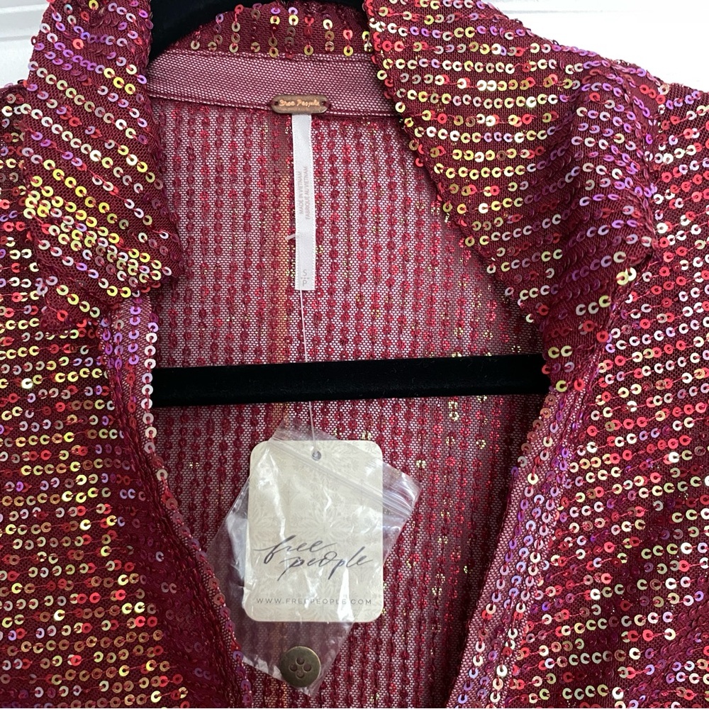 Free People Red sequin shirtee blouse top gathered S New - Picture 4 of 6